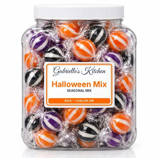 Clear gallon jar of Halloween Mix