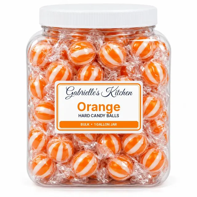 Clear gallon jar of Orange Hard Candy Balls