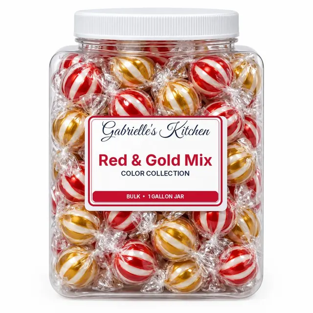 Clear gallon jar of Red & Gold Mix