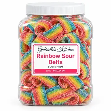 Gallon jar of Rainbow Sour Belts