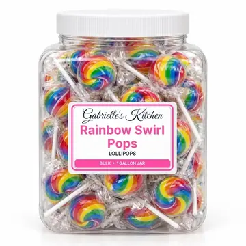 Gallon jar of Rainbow Swirl Pops