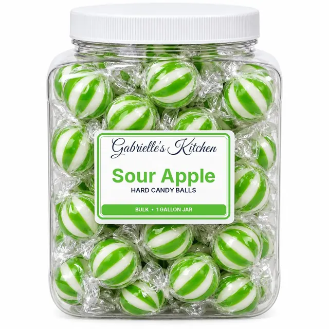 Clear gallon jar of Sour Apple Hard Candy Balls