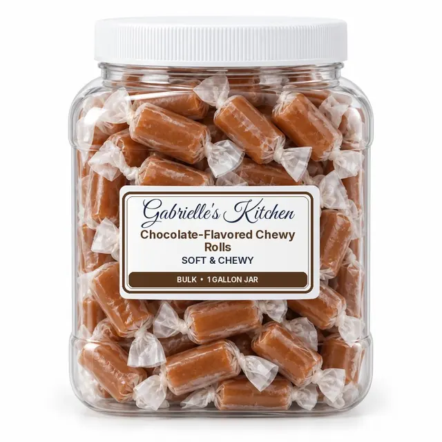Clear gallon jar of Chocolate-Flavored Chewy Rolls
