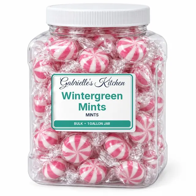 Clear gallon jar of Wintergreen Mints